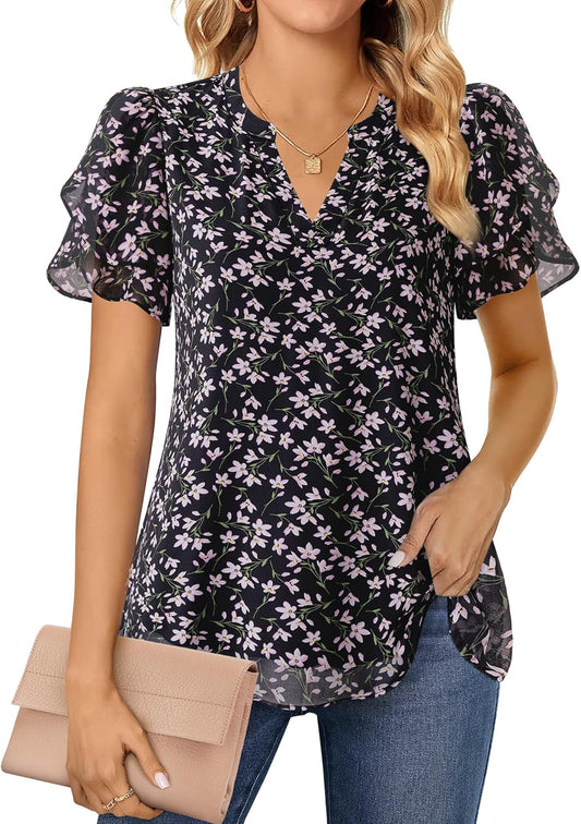 Womens Dressy Chiffon Blouses Summer Puff Petal Short Sleeve Shirts V Neck Casual Work Tops