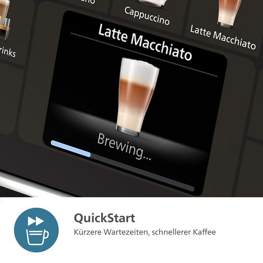 Kaffeevollautomat EP5544/80 der Serie 5500 in der Farbkombination Grau/Kupfer, ausgestattet mit dem LatteGo-Milchsystem und der SilentBrew-Technologie, bietet zwanzig verschiedene Kaffeespezialitäten