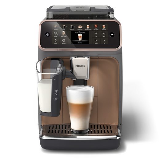 Kaffeevollautomat EP5544/80 der Serie 5500 in der Farbkombination Grau/Kupfer, ausgestattet mit dem LatteGo-Milchsystem und der SilentBrew-Technologie, bietet zwanzig verschiedene Kaffeespezialitäten