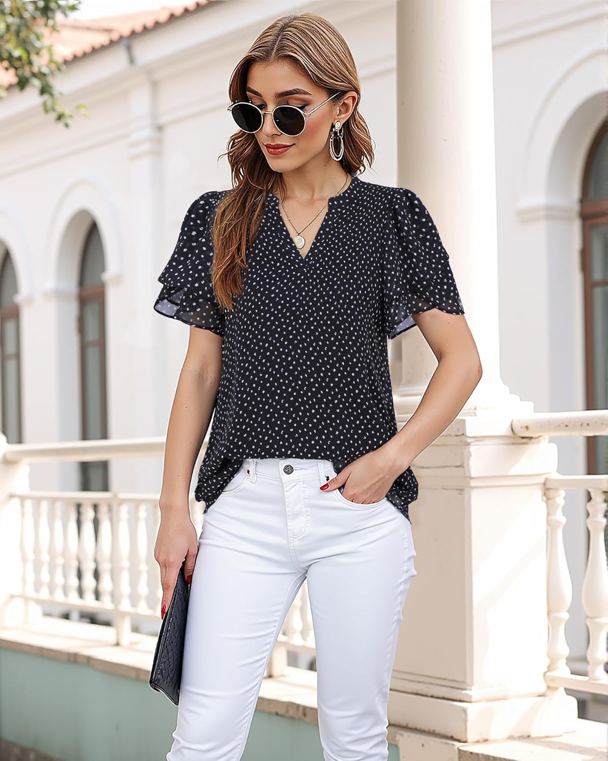 Womens Dressy Chiffon Blouses Summer Puff Petal Short Sleeve Shirts V Neck Casual Work Tops