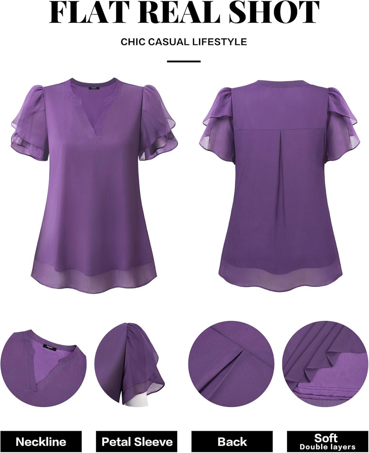 Womens Dressy Chiffon Blouses Summer Puff Petal Short Sleeve Shirts V Neck Casual Work Tops