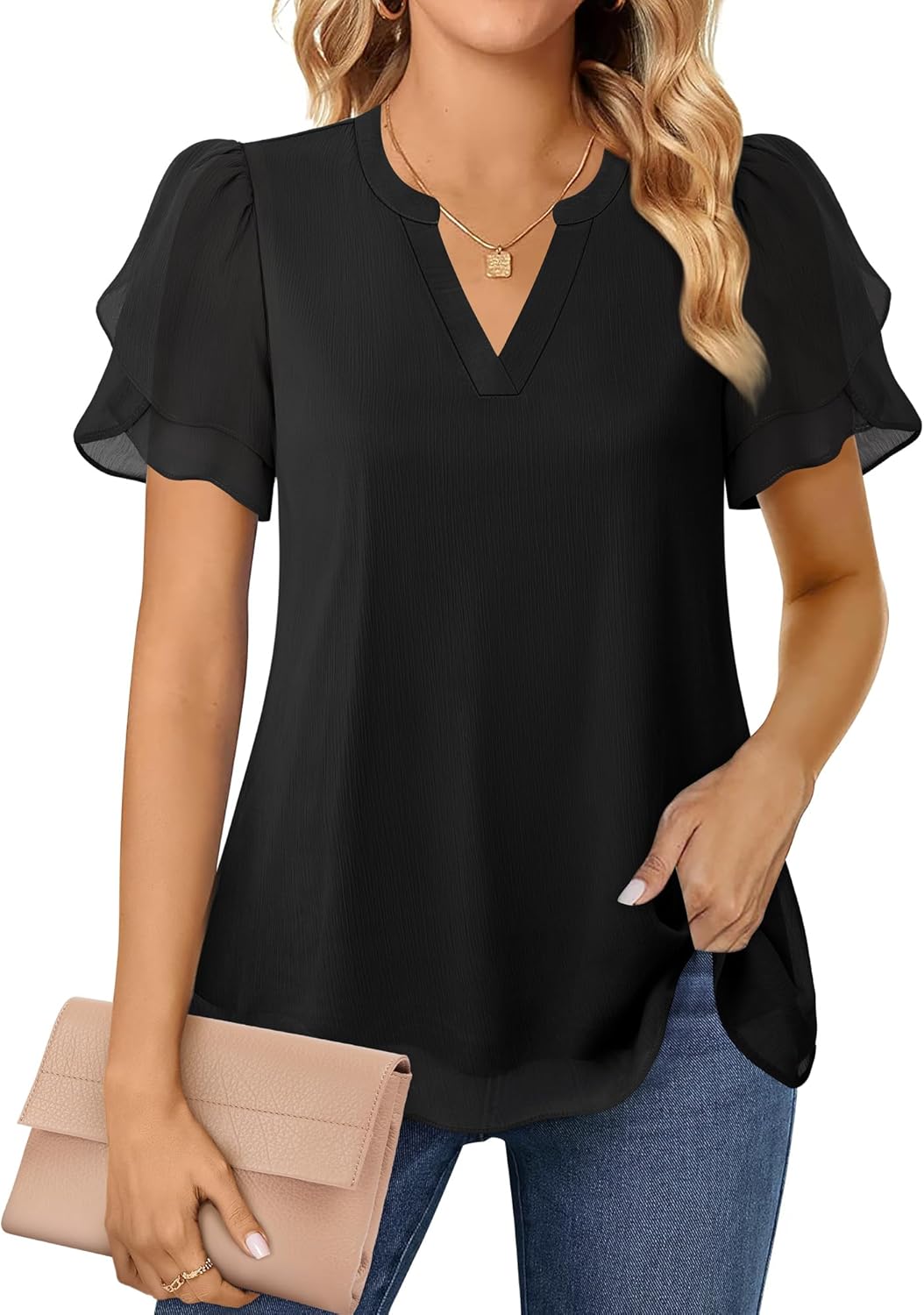 Womens Dressy Chiffon Blouses Summer Puff Petal Short Sleeve Shirts V Neck Casual Work Tops