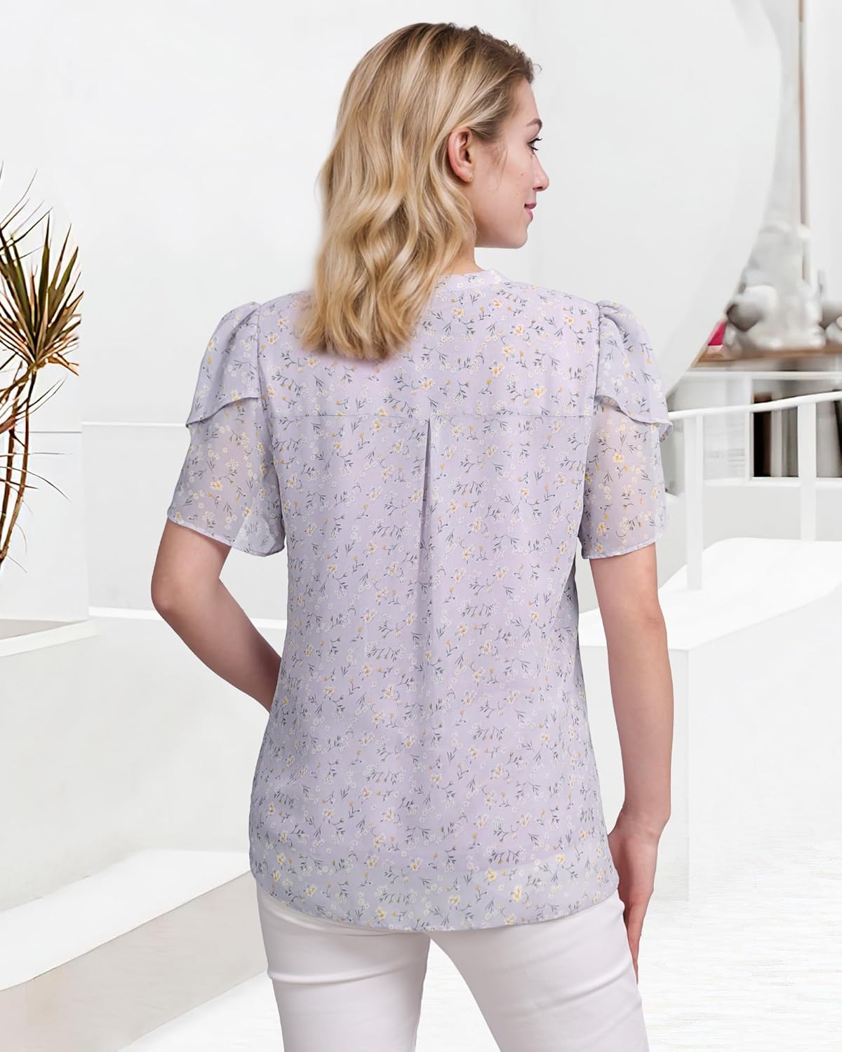 Womens Dressy Chiffon Blouses Summer Puff Petal Short Sleeve Shirts V Neck Casual Work Tops