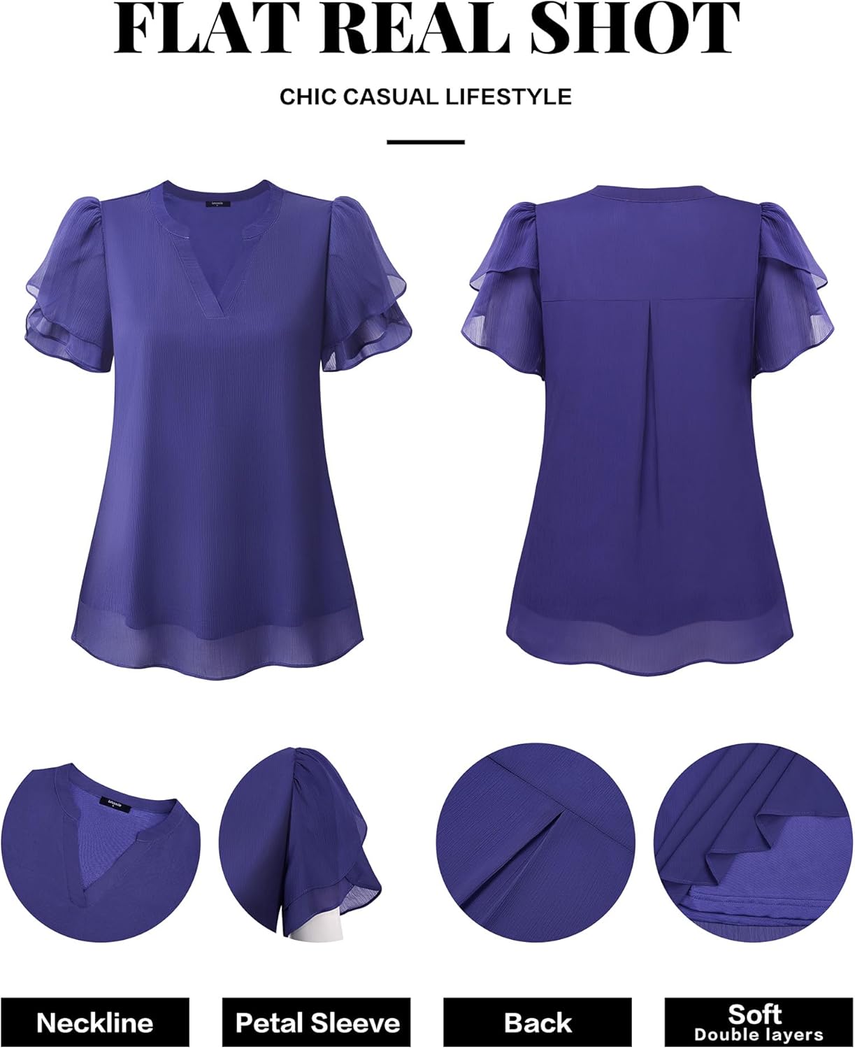 Womens Dressy Chiffon Blouses Summer Puff Petal Short Sleeve Shirts V Neck Casual Work Tops