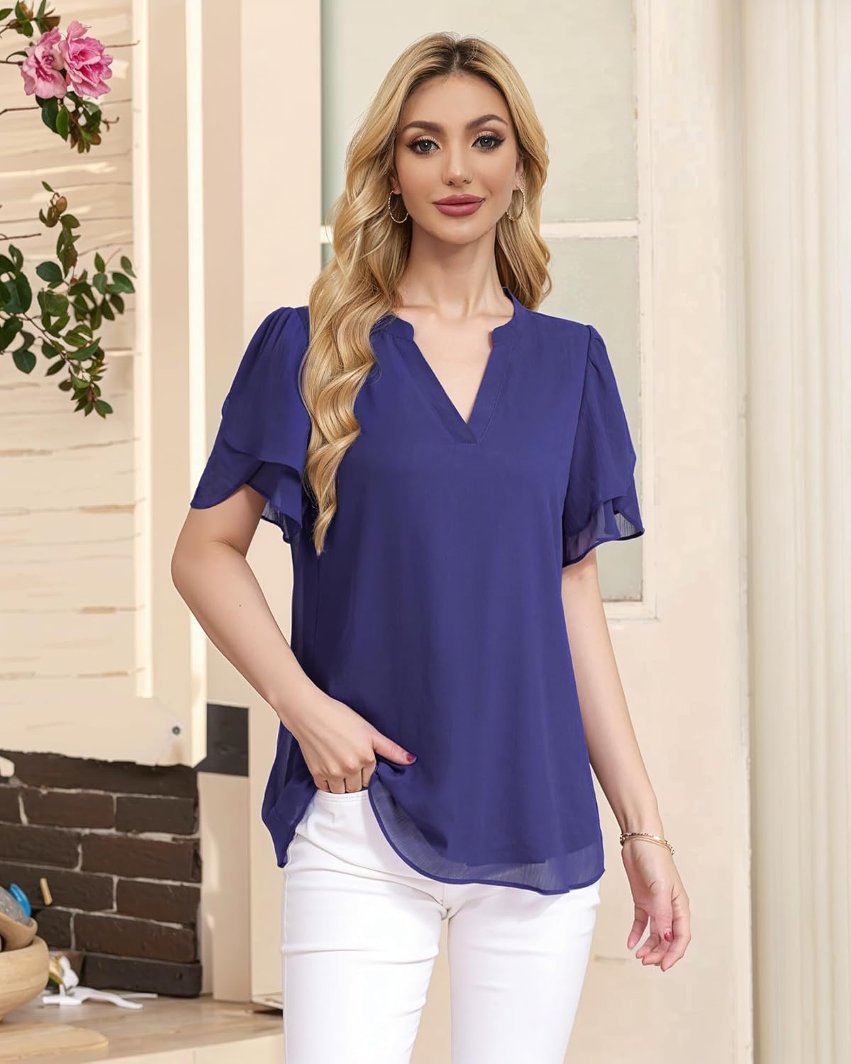 Womens Dressy Chiffon Blouses Summer Puff Petal Short Sleeve Shirts V Neck Casual Work Tops