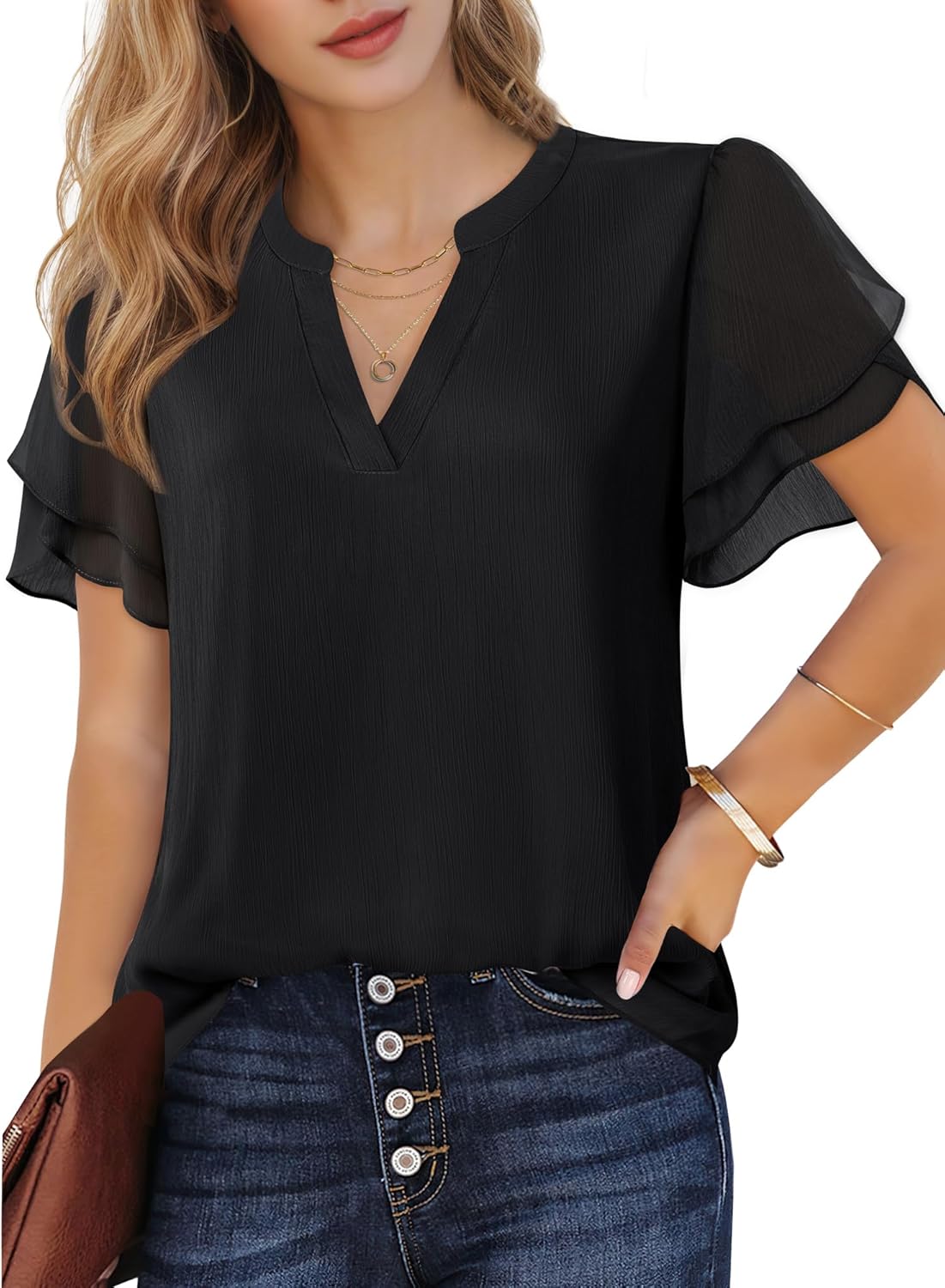 Womens Dressy Chiffon Blouses Summer Puff Petal Short Sleeve Shirts V Neck Casual Work Tops