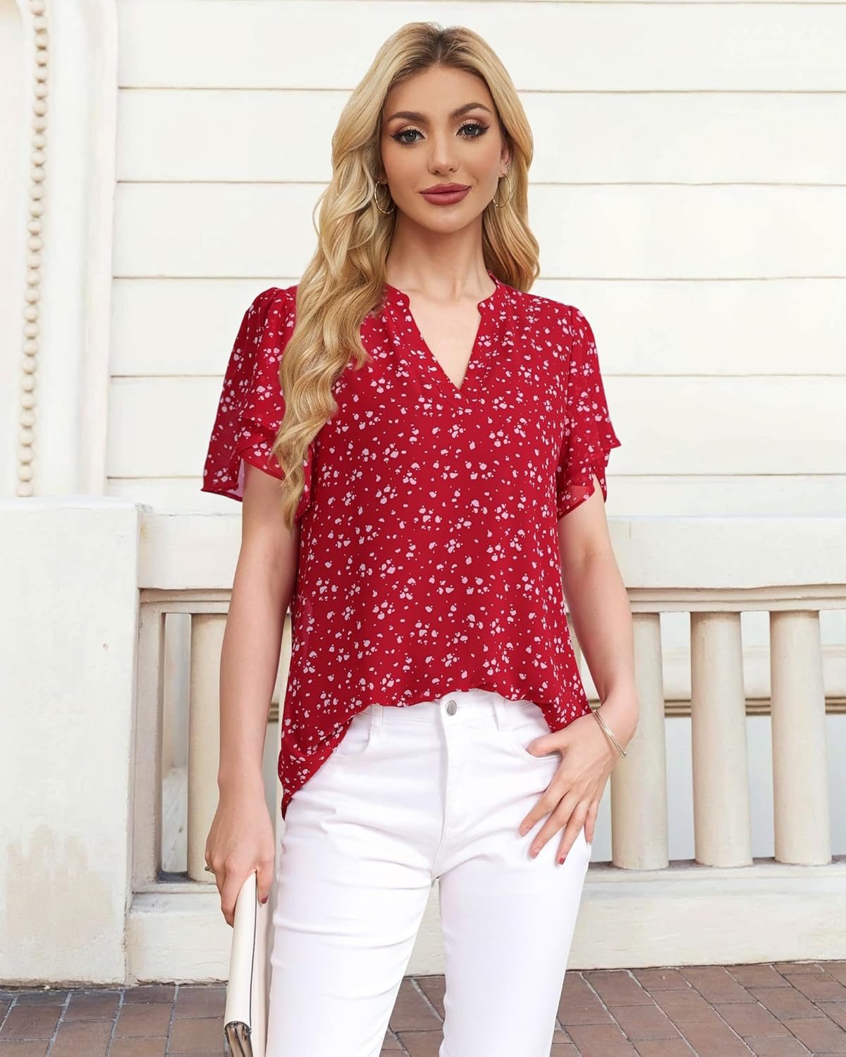 Womens Dressy Chiffon Blouses Summer Puff Petal Short Sleeve Shirts V Neck Casual Work Tops