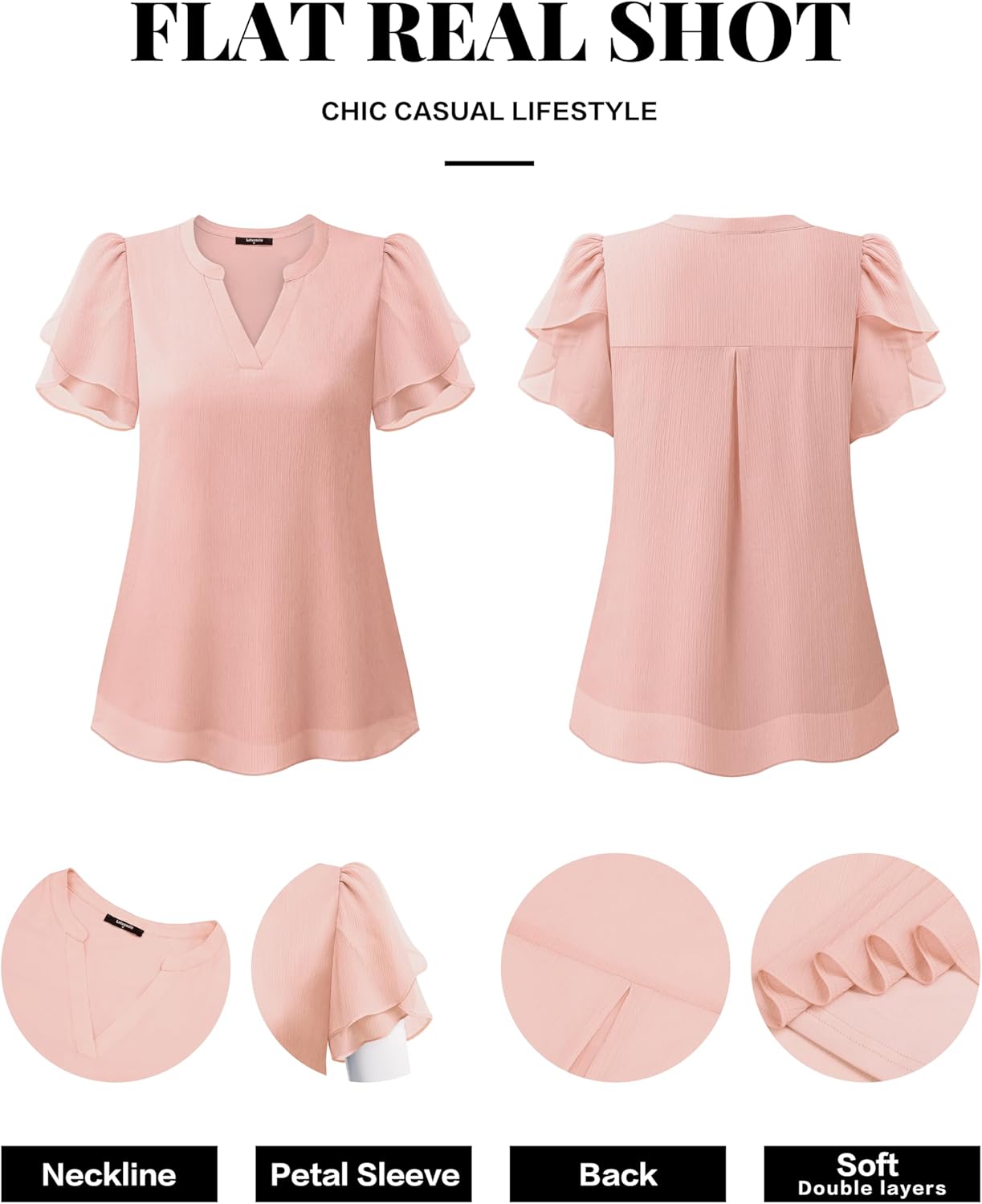 Womens Dressy Chiffon Blouses Summer Puff Petal Short Sleeve Shirts V Neck Casual Work Tops