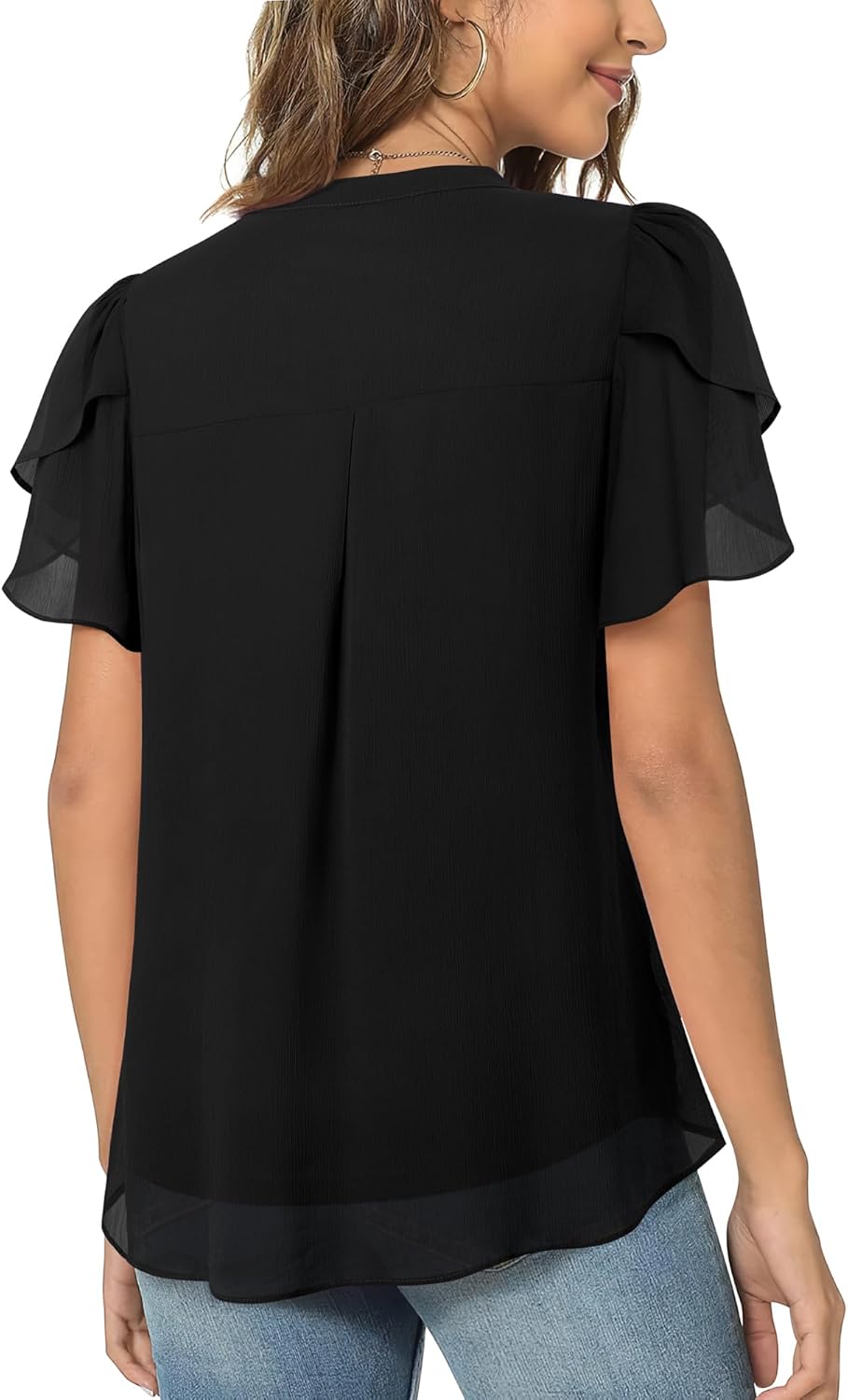 Womens Dressy Chiffon Blouses Summer Puff Petal Short Sleeve Shirts V Neck Casual Work Tops