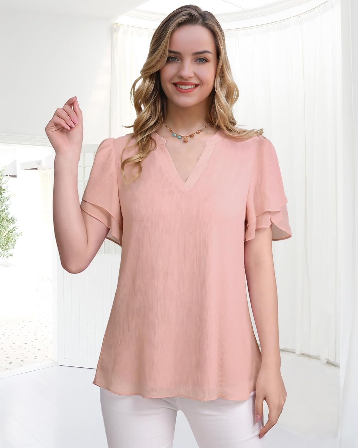 Womens Dressy Chiffon Blouses Summer Puff Petal Short Sleeve Shirts V Neck Casual Work Tops
