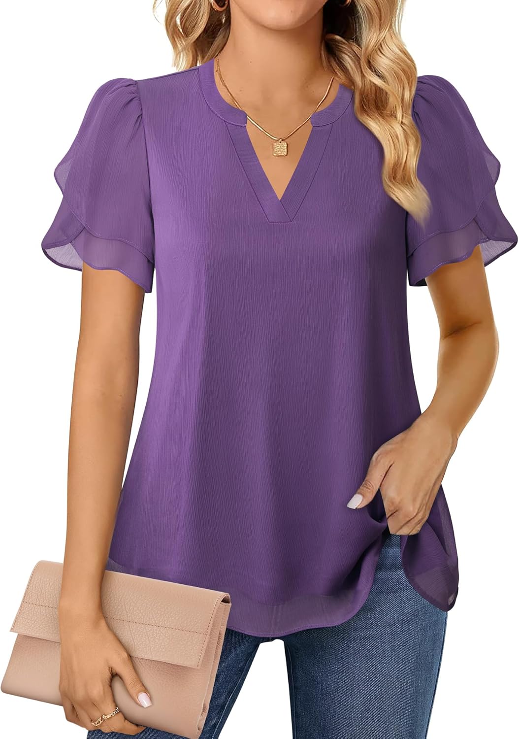 Womens Dressy Chiffon Blouses Summer Puff Petal Short Sleeve Shirts V Neck Casual Work Tops