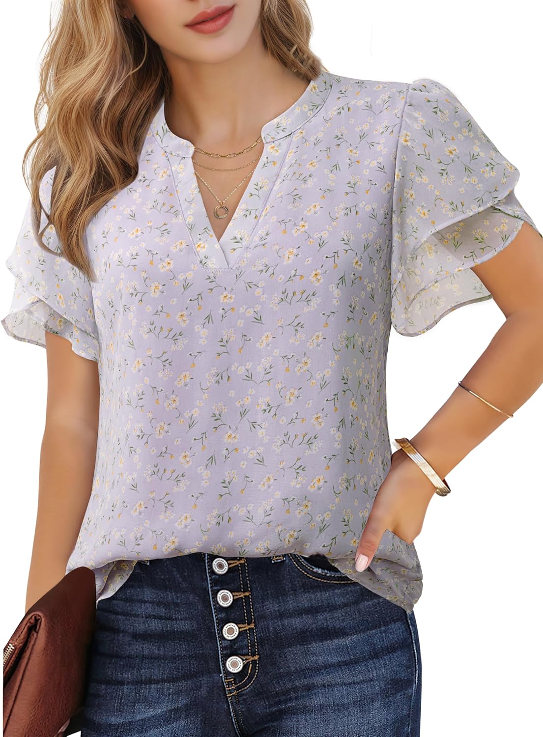 Womens Dressy Chiffon Blouses Summer Puff Petal Short Sleeve Shirts V Neck Casual Work Tops