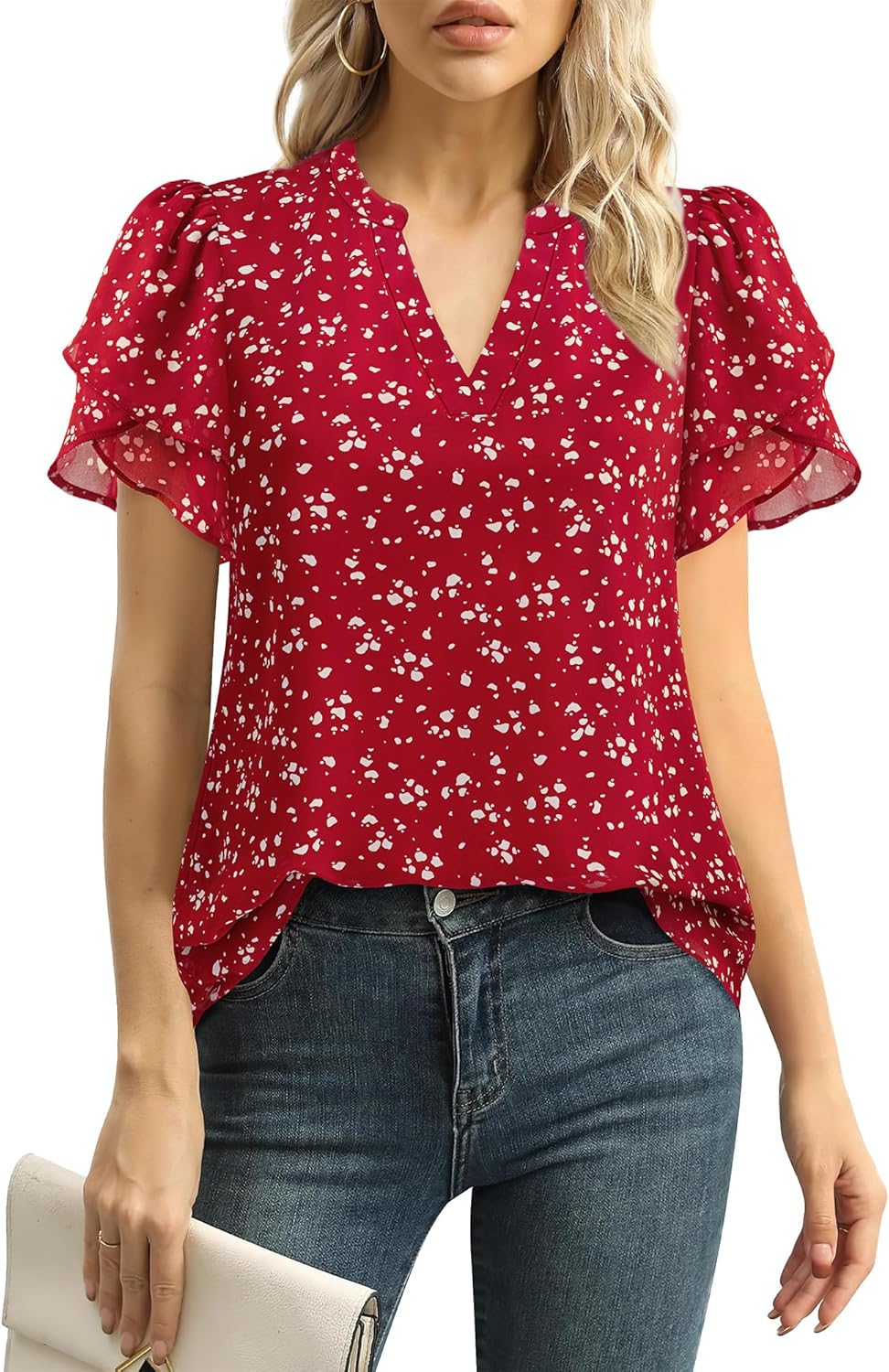 Womens Dressy Chiffon Blouses Summer Puff Petal Short Sleeve Shirts V Neck Casual Work Tops