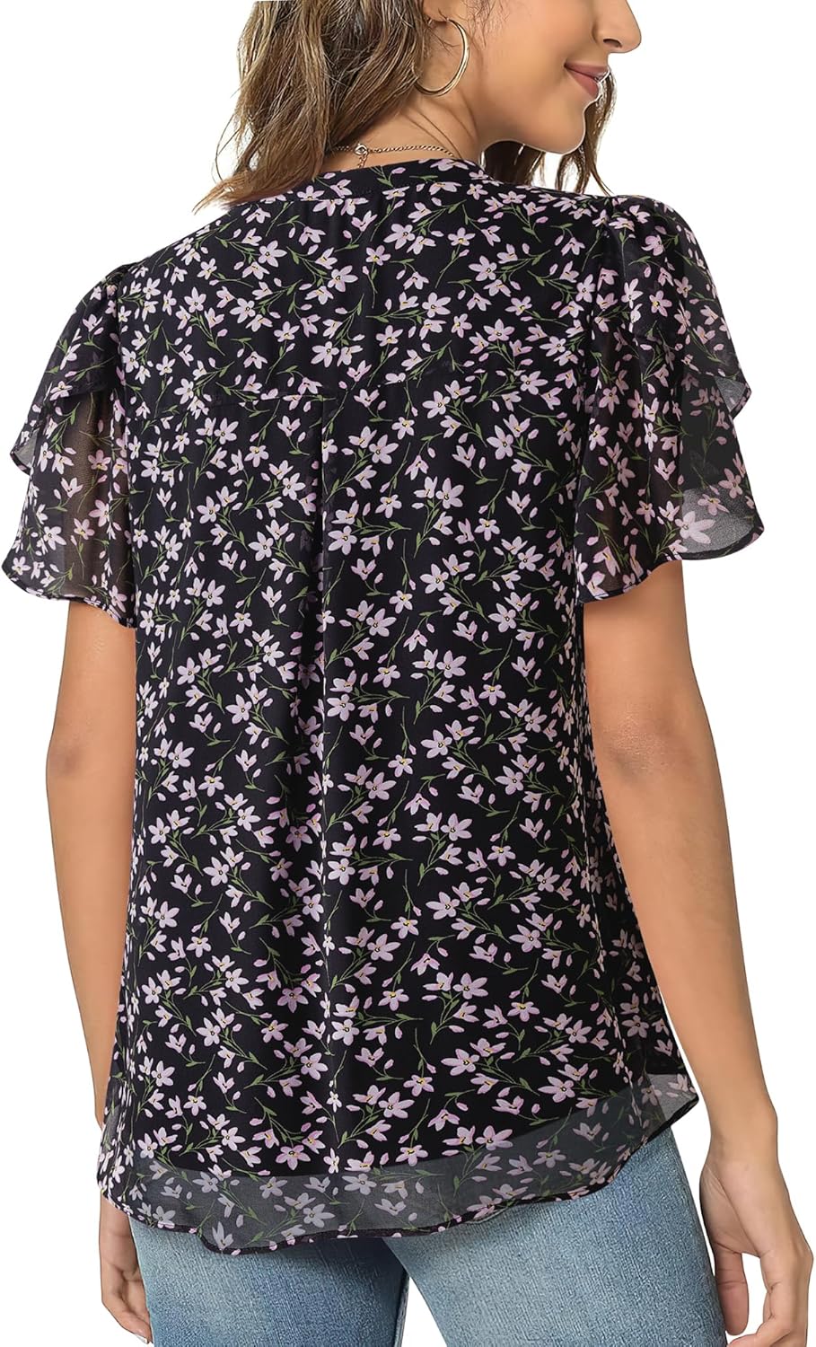 Womens Dressy Chiffon Blouses Summer Puff Petal Short Sleeve Shirts V Neck Casual Work Tops