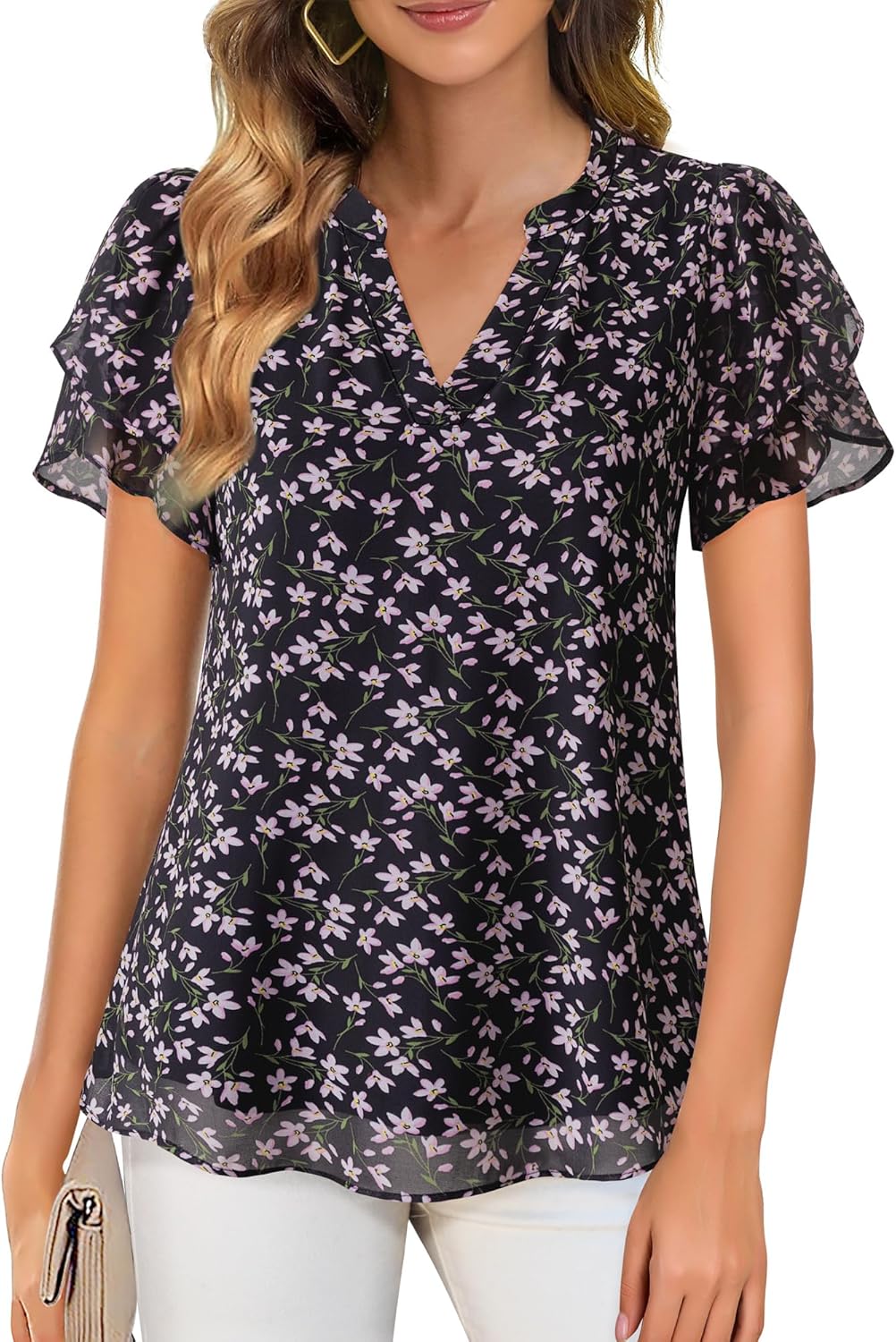 Womens Dressy Chiffon Blouses Summer Puff Petal Short Sleeve Shirts V Neck Casual Work Tops