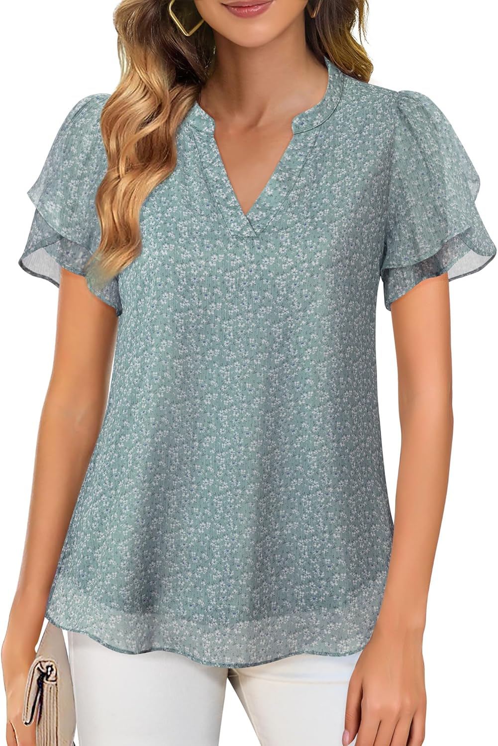 Womens Dressy Chiffon Blouses Summer Puff Petal Short Sleeve Shirts V Neck Casual Work Tops