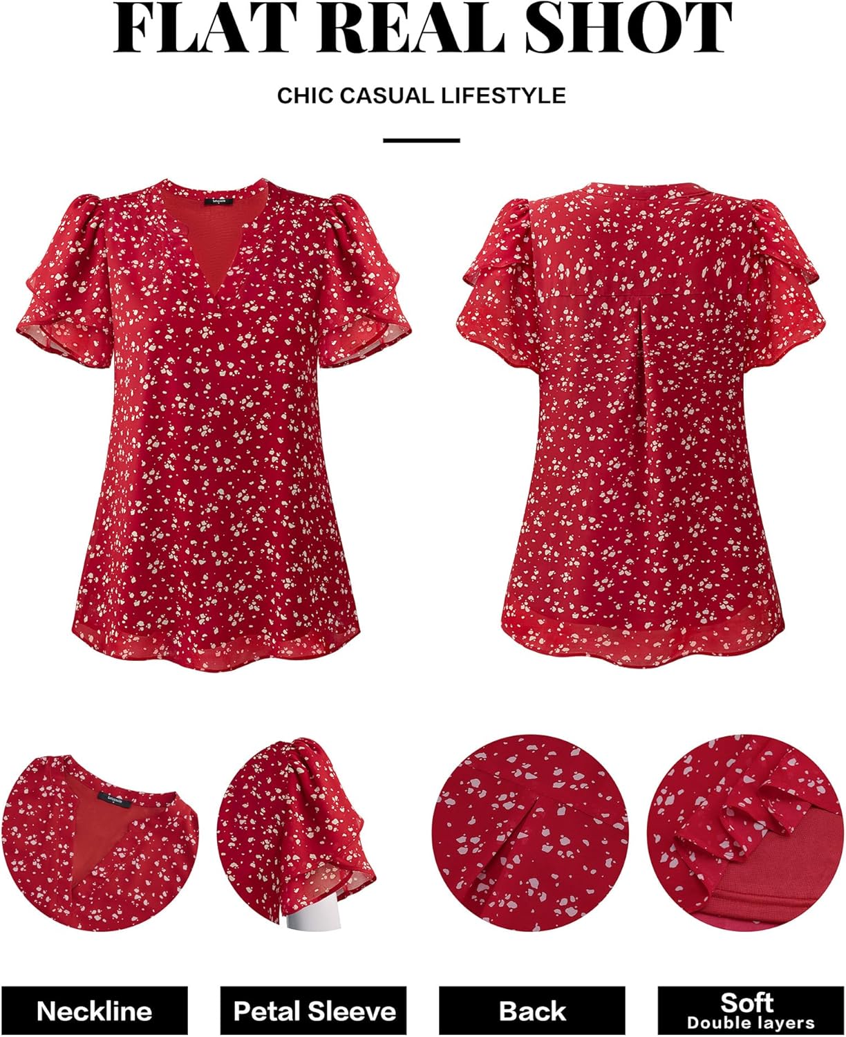 Womens Dressy Chiffon Blouses Summer Puff Petal Short Sleeve Shirts V Neck Casual Work Tops