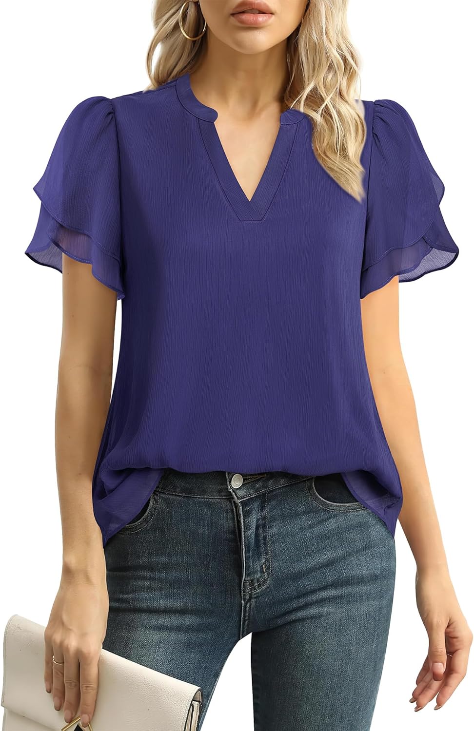 Womens Dressy Chiffon Blouses Summer Puff Petal Short Sleeve Shirts V Neck Casual Work Tops