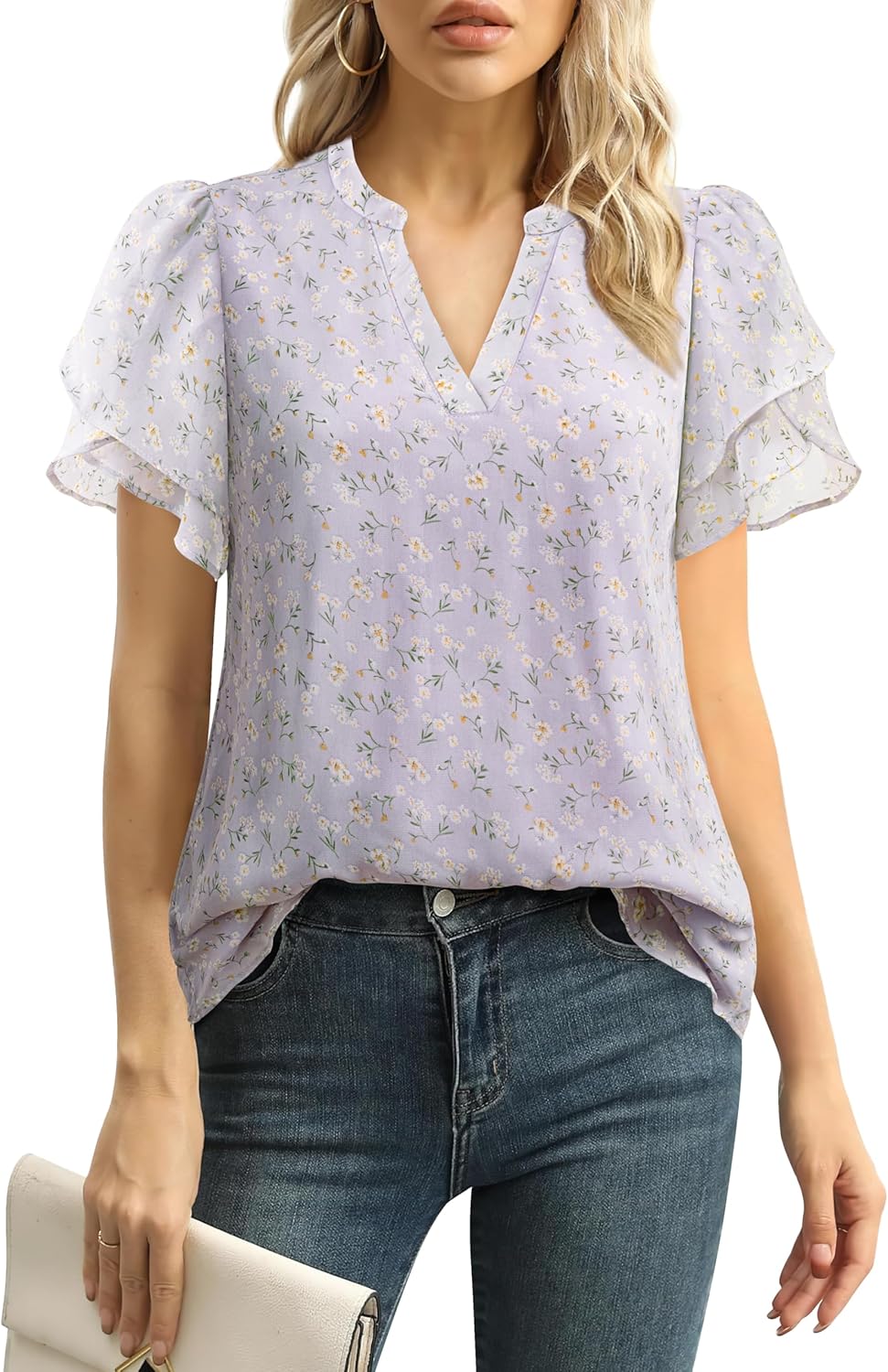 Womens Dressy Chiffon Blouses Summer Puff Petal Short Sleeve Shirts V Neck Casual Work Tops