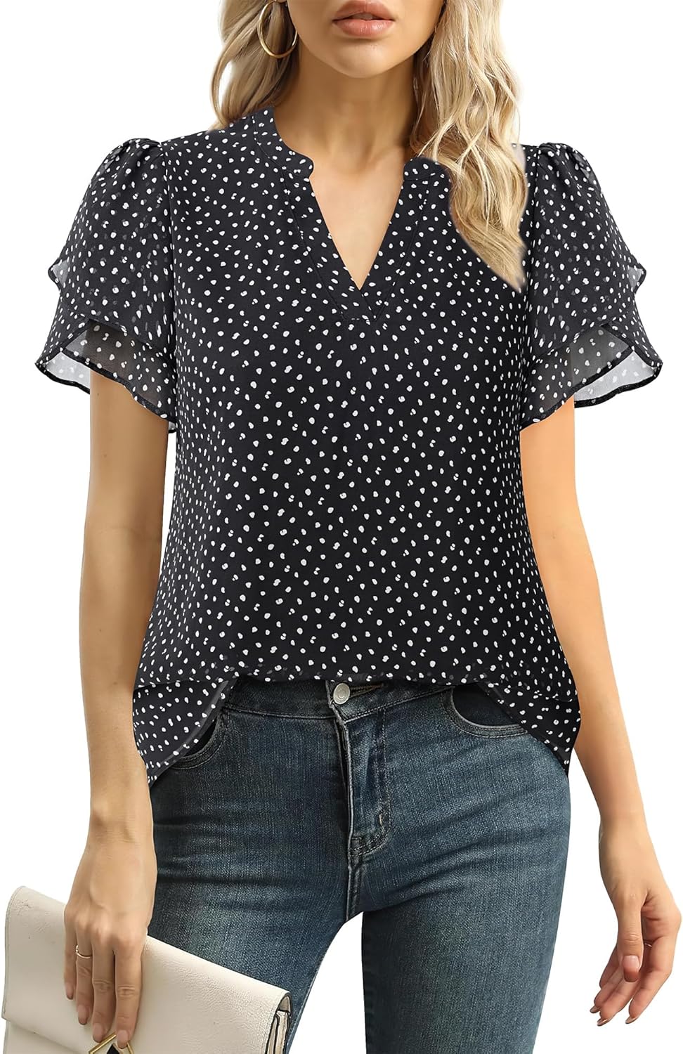 Womens Dressy Chiffon Blouses Summer Puff Petal Short Sleeve Shirts V Neck Casual Work Tops