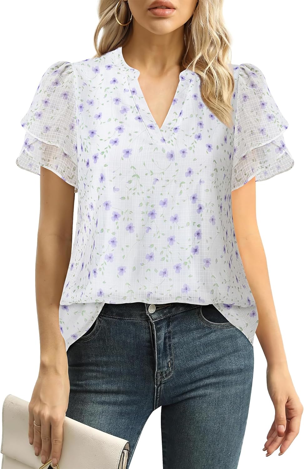 Womens Dressy Chiffon Blouses Summer Puff Petal Short Sleeve Shirts V Neck Casual Work Tops
