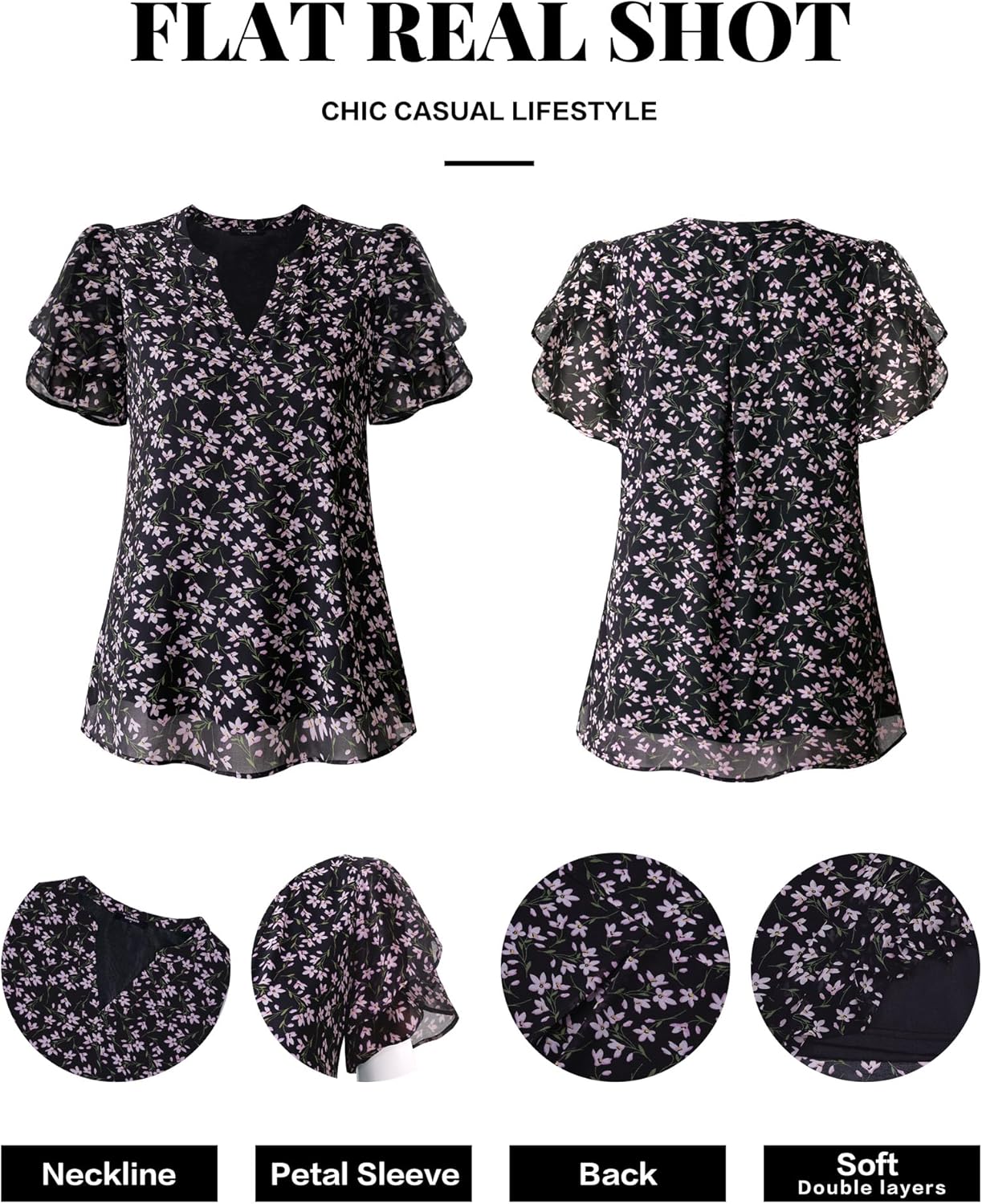 Womens Dressy Chiffon Blouses Summer Puff Petal Short Sleeve Shirts V Neck Casual Work Tops