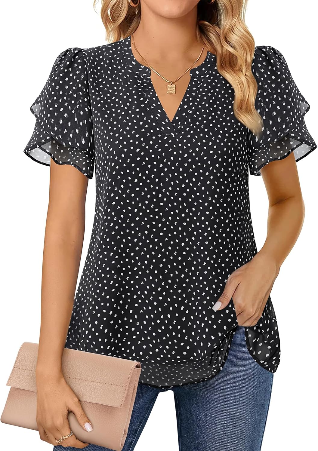 Womens Dressy Chiffon Blouses Summer Puff Petal Short Sleeve Shirts V Neck Casual Work Tops