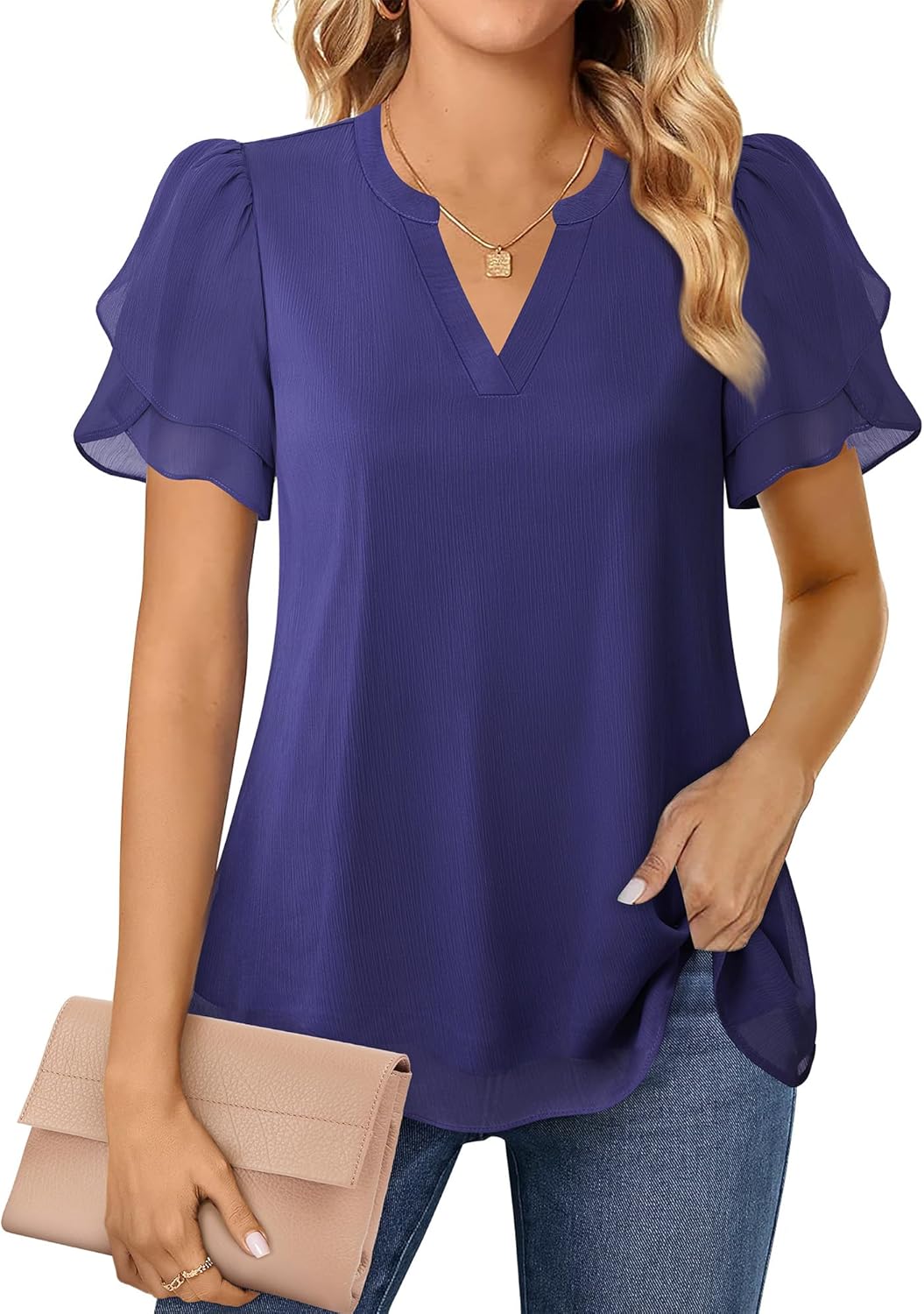 Womens Dressy Chiffon Blouses Summer Puff Petal Short Sleeve Shirts V Neck Casual Work Tops