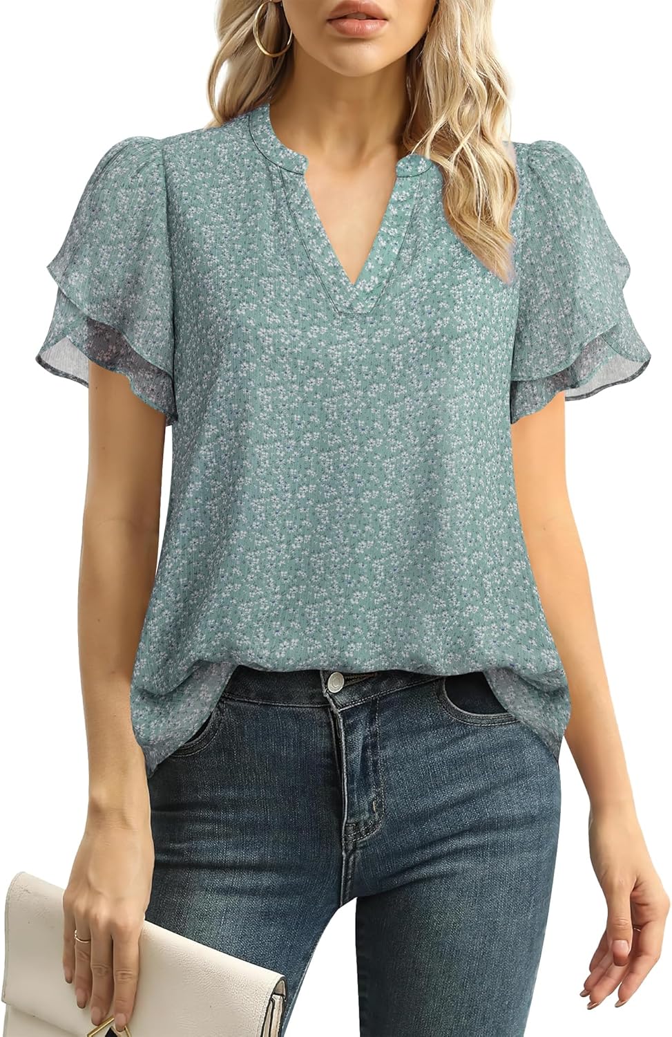 Womens Dressy Chiffon Blouses Summer Puff Petal Short Sleeve Shirts V Neck Casual Work Tops