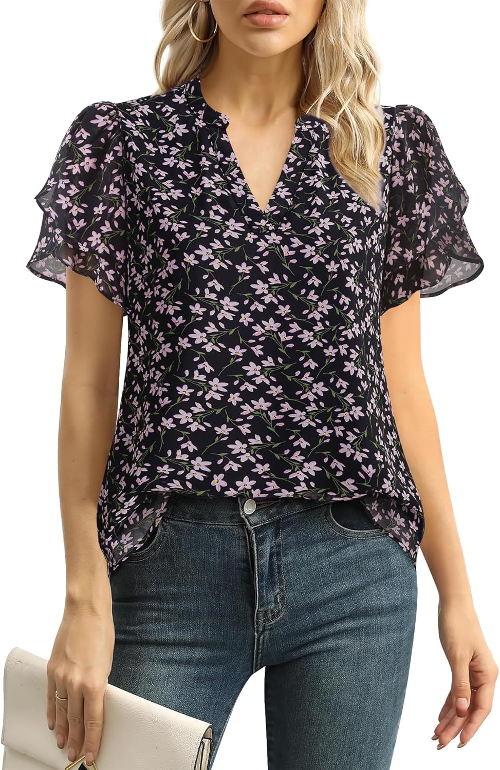 Womens Dressy Chiffon Blouses Summer Puff Petal Short Sleeve Shirts V Neck Casual Work Tops