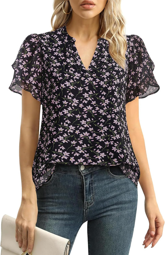 Womens Dressy Chiffon Blouses Summer Puff Petal Short Sleeve Shirts V Neck Casual Work Tops