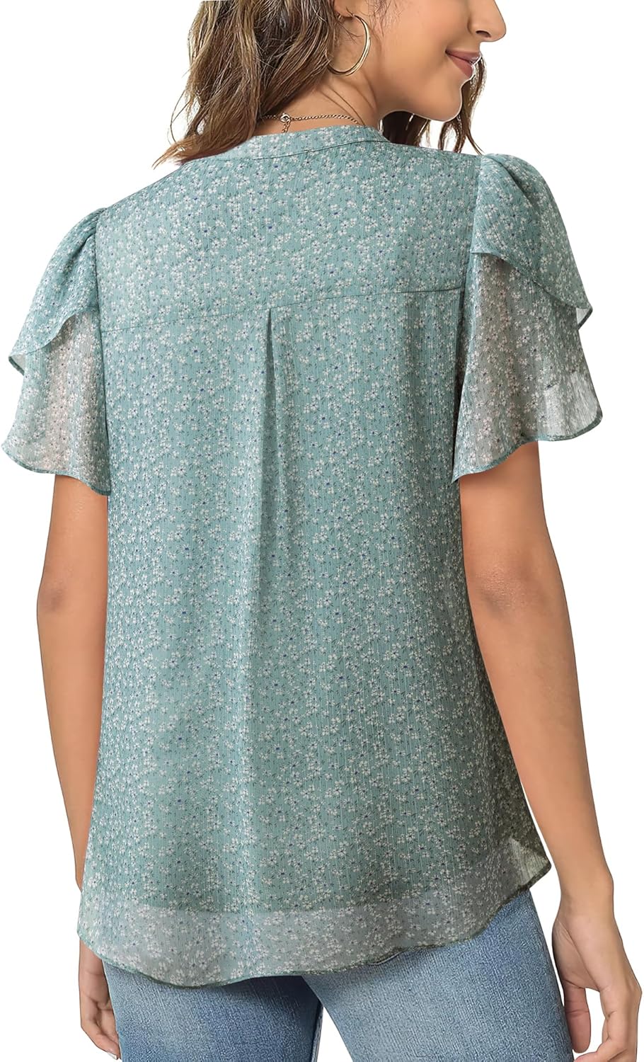 Womens Dressy Chiffon Blouses Summer Puff Petal Short Sleeve Shirts V Neck Casual Work Tops