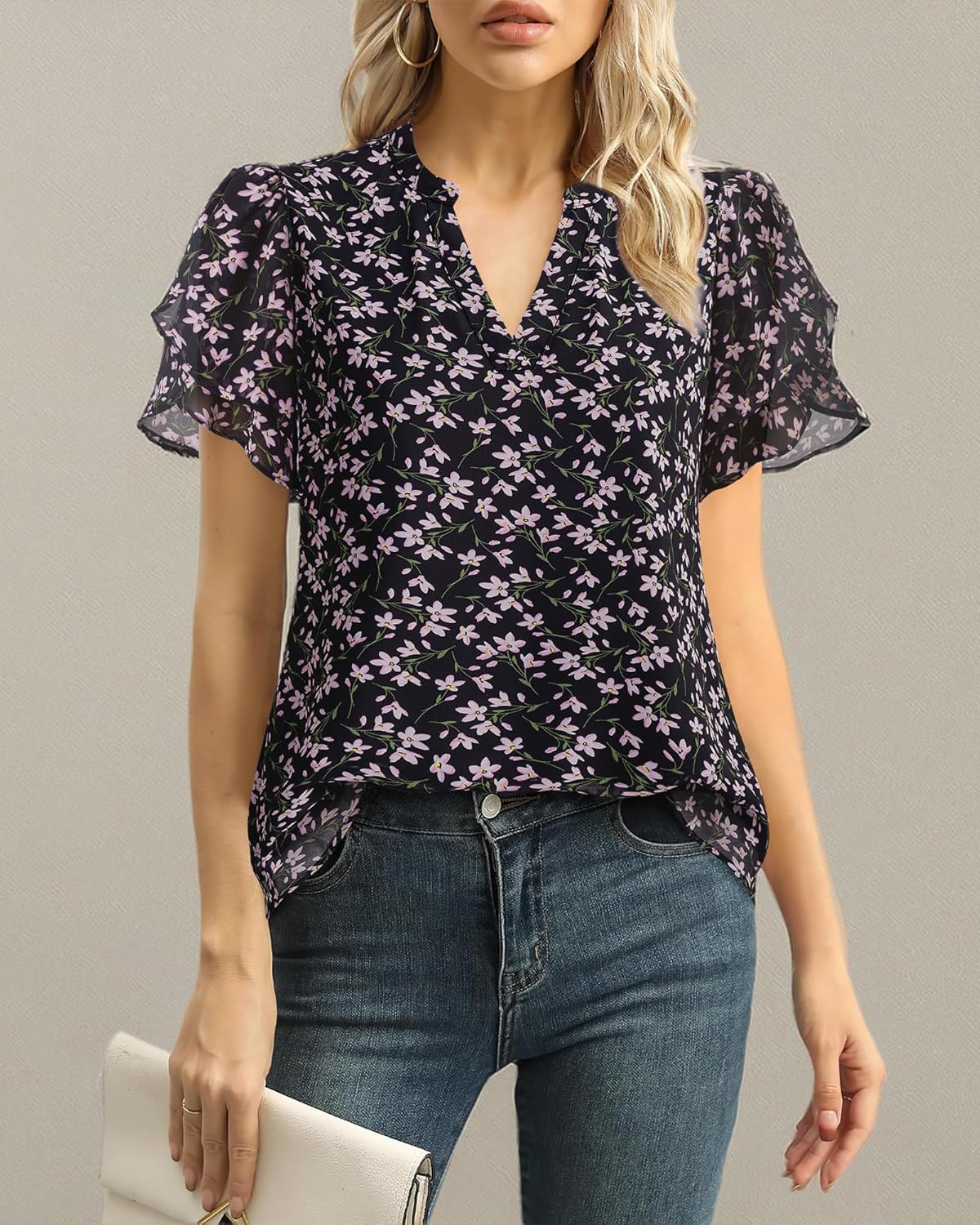 Womens Dressy Chiffon Blouses Summer Puff Petal Short Sleeve Shirts V Neck Casual Work Tops