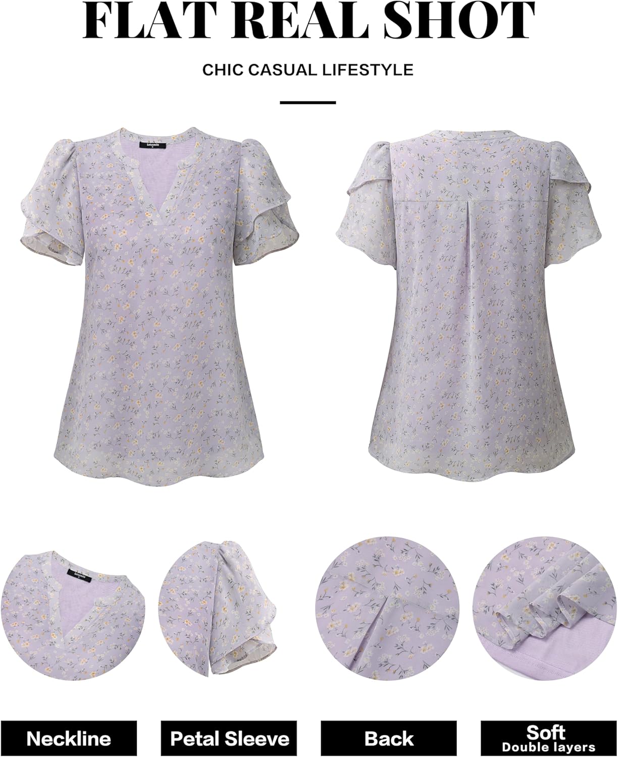 Womens Dressy Chiffon Blouses Summer Puff Petal Short Sleeve Shirts V Neck Casual Work Tops