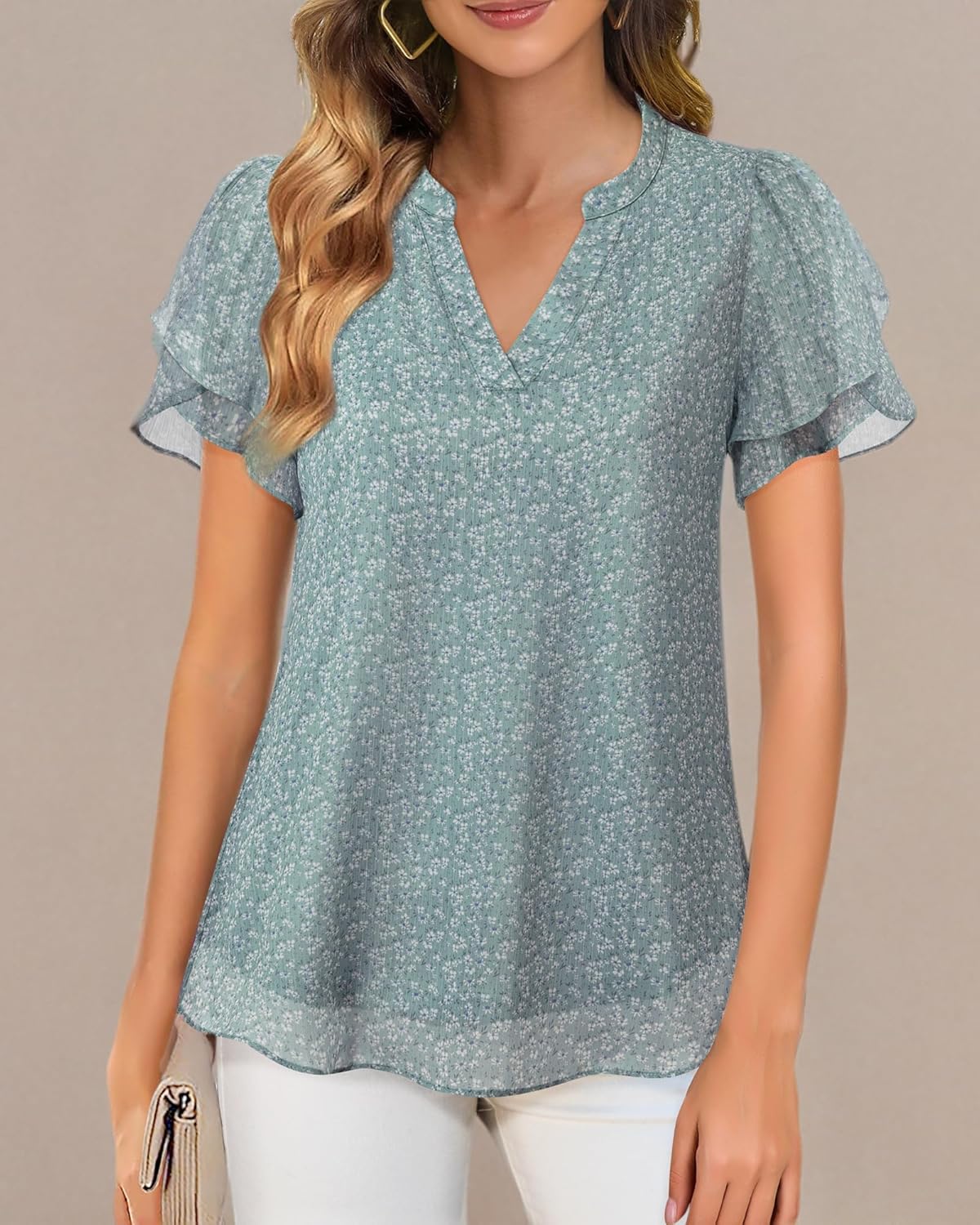 Womens Dressy Chiffon Blouses Summer Puff Petal Short Sleeve Shirts V Neck Casual Work Tops
