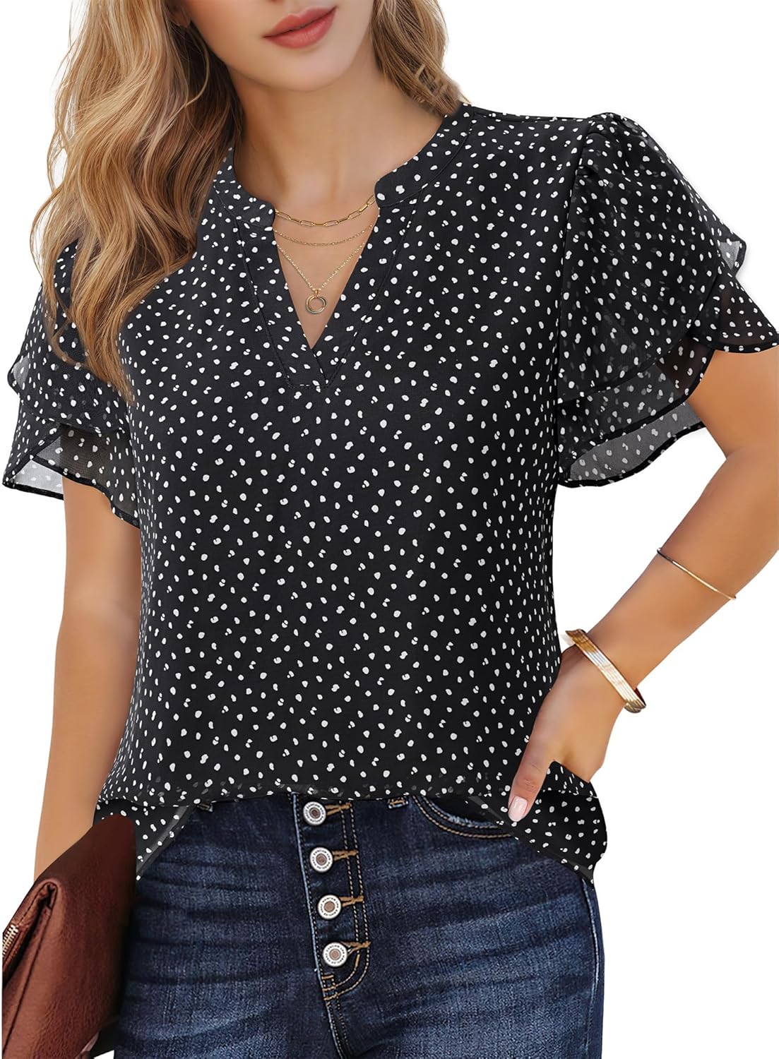 Womens Dressy Chiffon Blouses Summer Puff Petal Short Sleeve Shirts V Neck Casual Work Tops