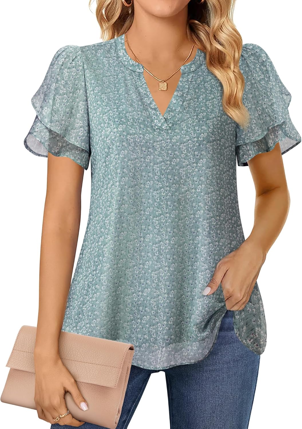 Womens Dressy Chiffon Blouses Summer Puff Petal Short Sleeve Shirts V Neck Casual Work Tops