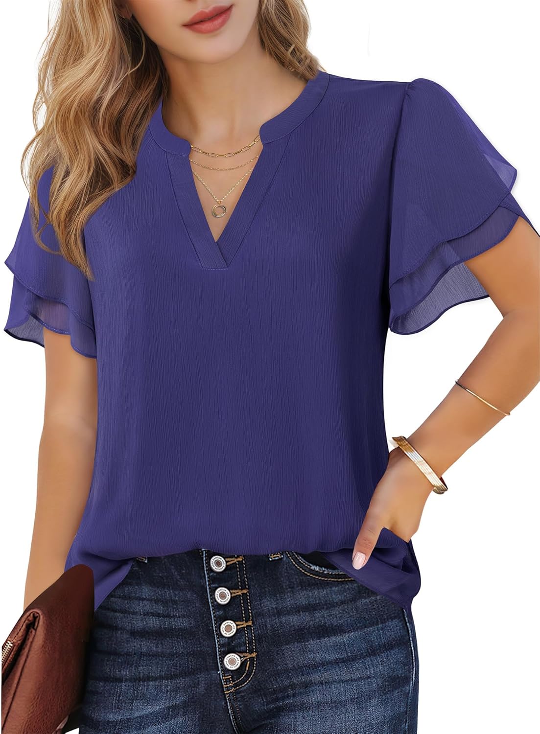 Womens Dressy Chiffon Blouses Summer Puff Petal Short Sleeve Shirts V Neck Casual Work Tops