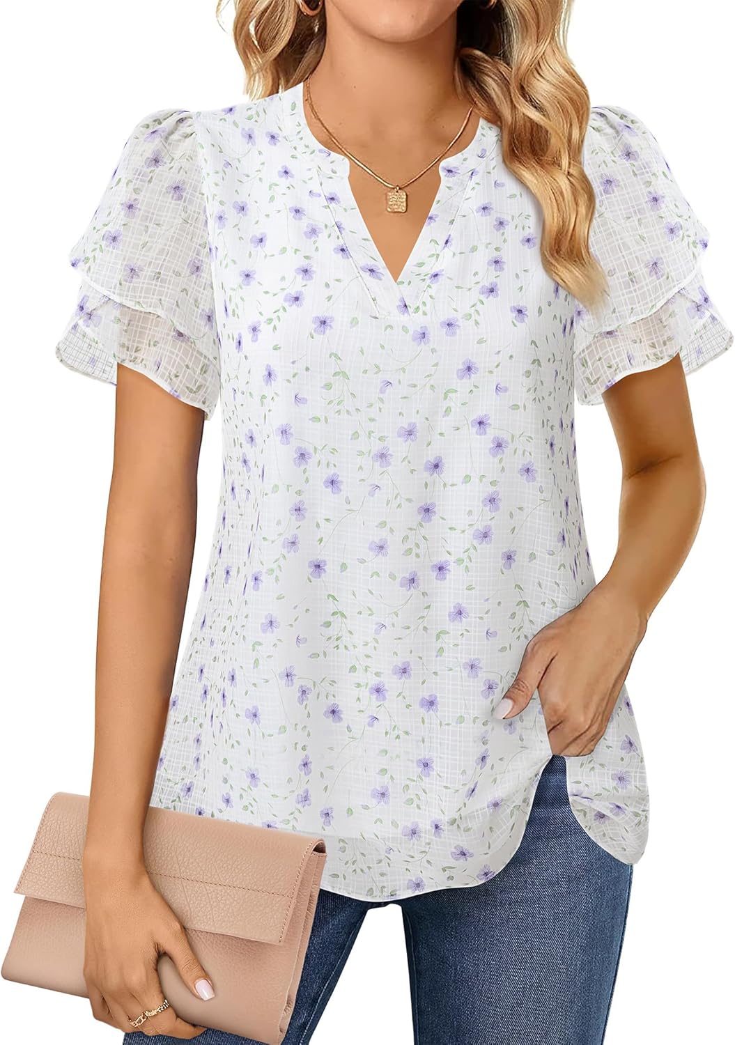 Womens Dressy Chiffon Blouses Summer Puff Petal Short Sleeve Shirts V Neck Casual Work Tops