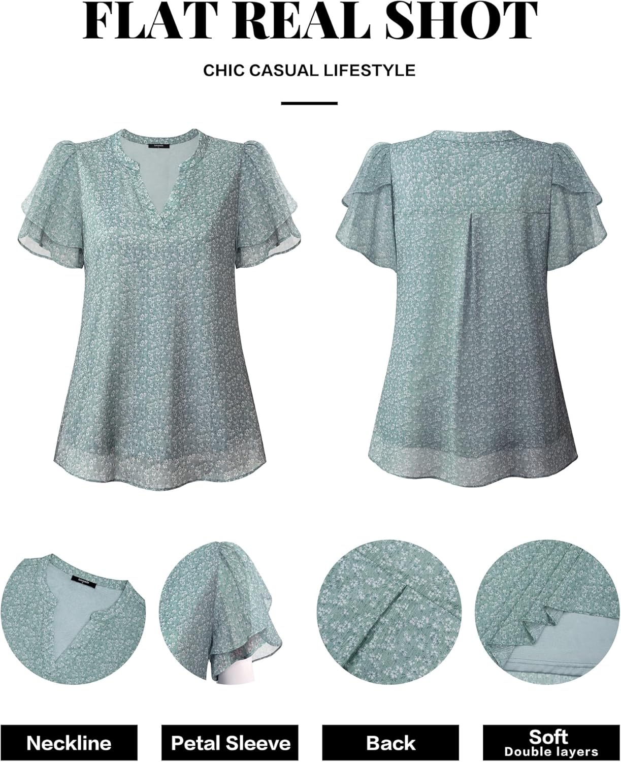 Womens Dressy Chiffon Blouses Summer Puff Petal Short Sleeve Shirts V Neck Casual Work Tops