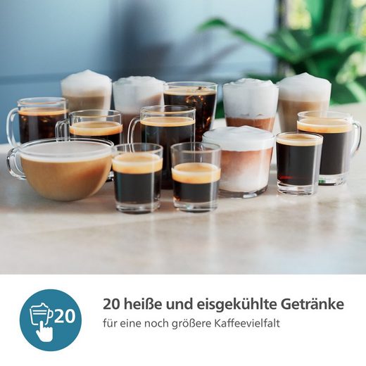 Kaffeevollautomat EP5544/80 der Serie 5500 in der Farbkombination Grau/Kupfer, ausgestattet mit dem LatteGo-Milchsystem und der SilentBrew-Technologie, bietet zwanzig verschiedene Kaffeespezialitäten