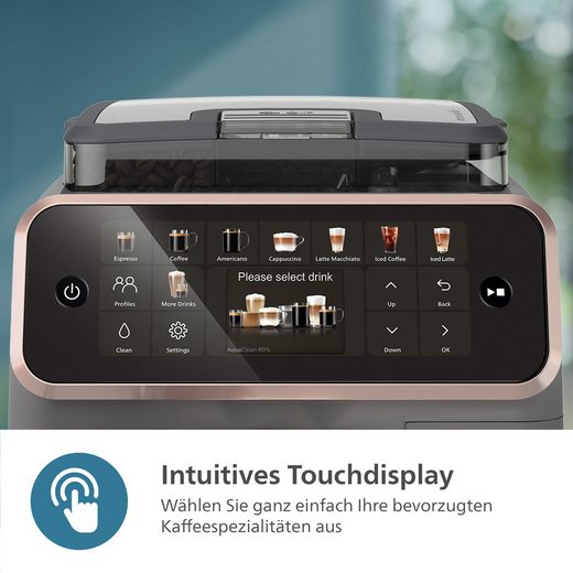 Kaffeevollautomat EP5544/80 der Serie 5500 in der Farbkombination Grau/Kupfer, ausgestattet mit dem LatteGo-Milchsystem und der SilentBrew-Technologie, bietet zwanzig verschiedene Kaffeespezialitäten