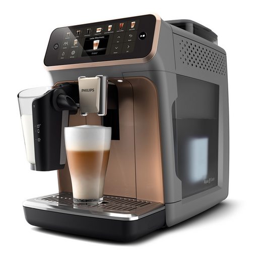 Kaffeevollautomat EP5544/80 der Serie 5500 in der Farbkombination Grau/Kupfer, ausgestattet mit dem LatteGo-Milchsystem und der SilentBrew-Technologie, bietet zwanzig verschiedene Kaffeespezialitäten